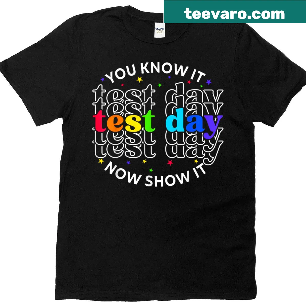 Funny teacher t-shirt with a humorous test day message — on a men's t-shirt