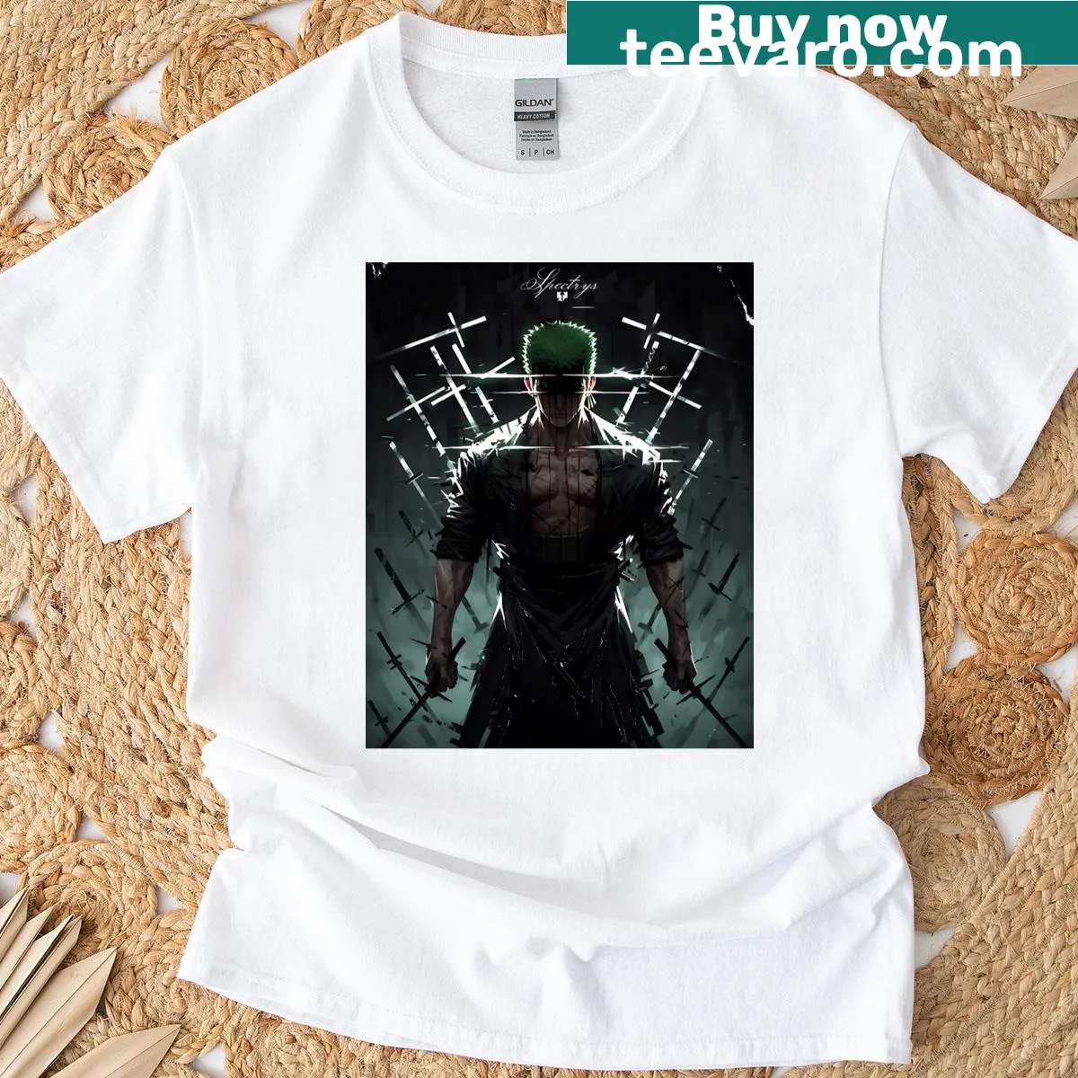 Illustration of Zoro on a premium scoop T-shirt — on a men's t-shirt