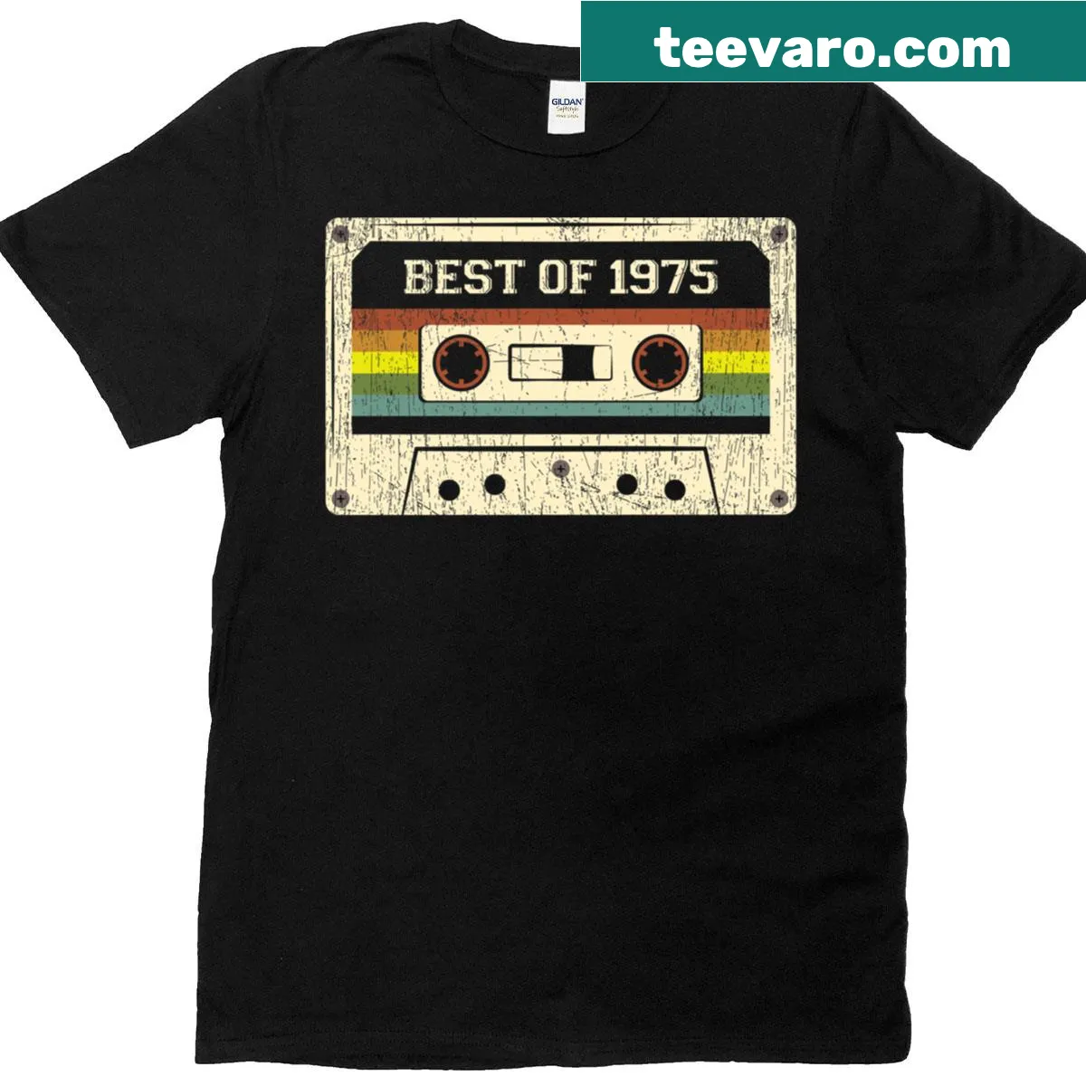 Vintage cassette tape T-shirt celebrating 1975 with 'Best Of 1975' text — on a men's t-shirt