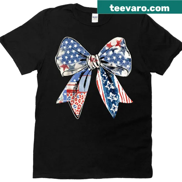 T-shirt featuring an American flag design with a coquette bow