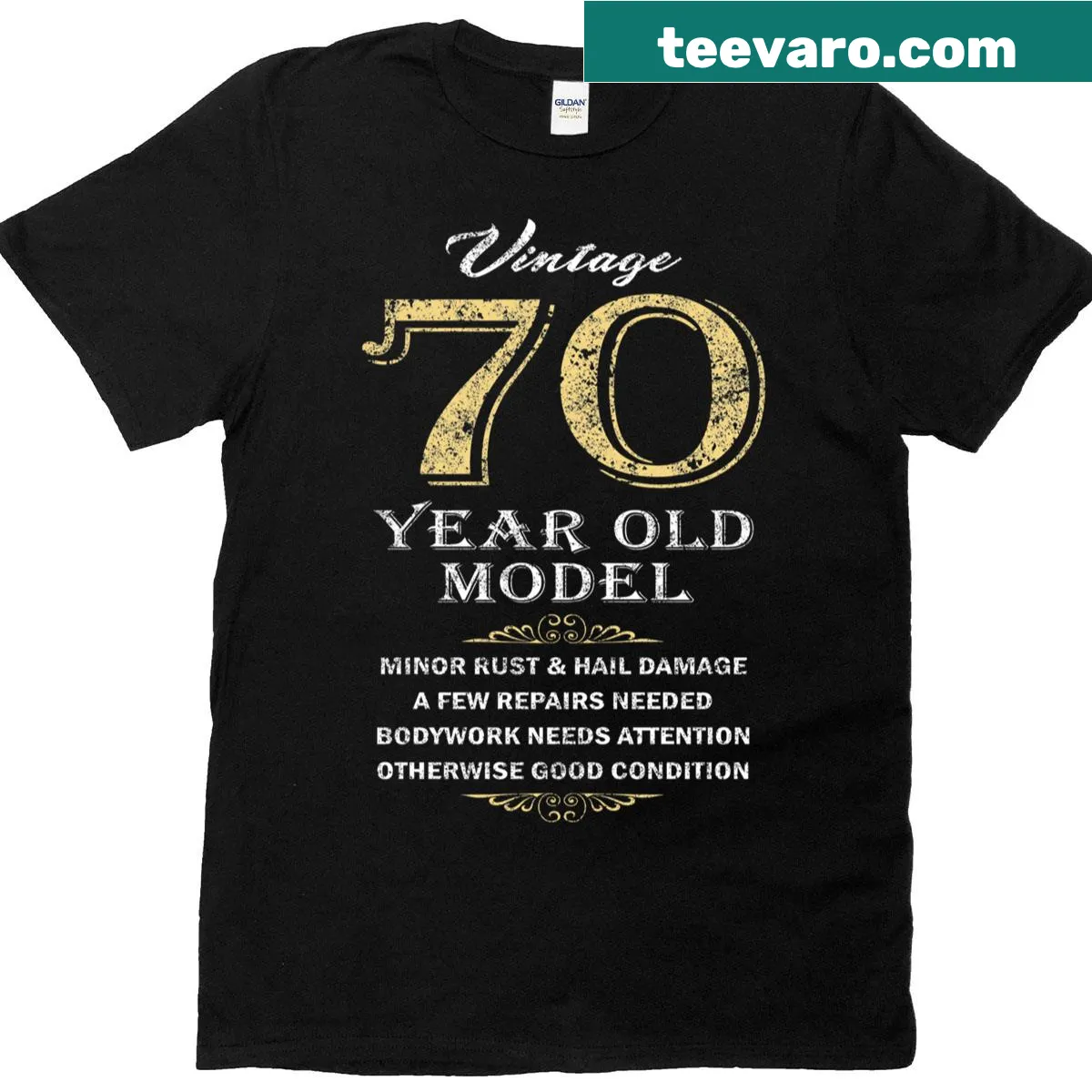 Funny 70th birthday T-shirt with humorous text — on a men's t-shirt