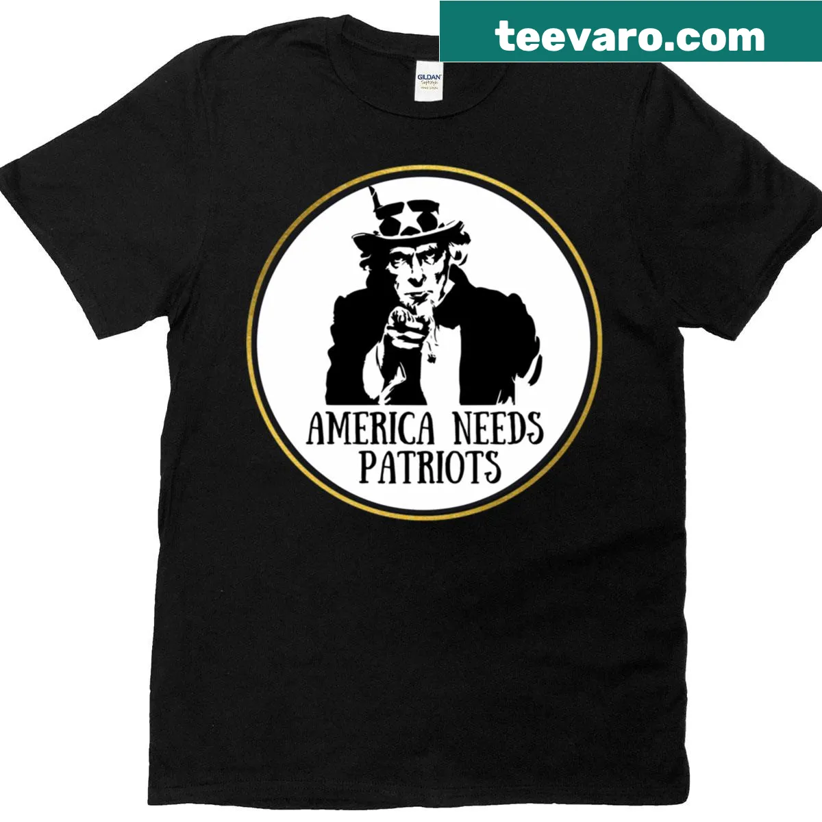 America Needs Patriots T-shirt with bold declaration — on a men's t-shirt