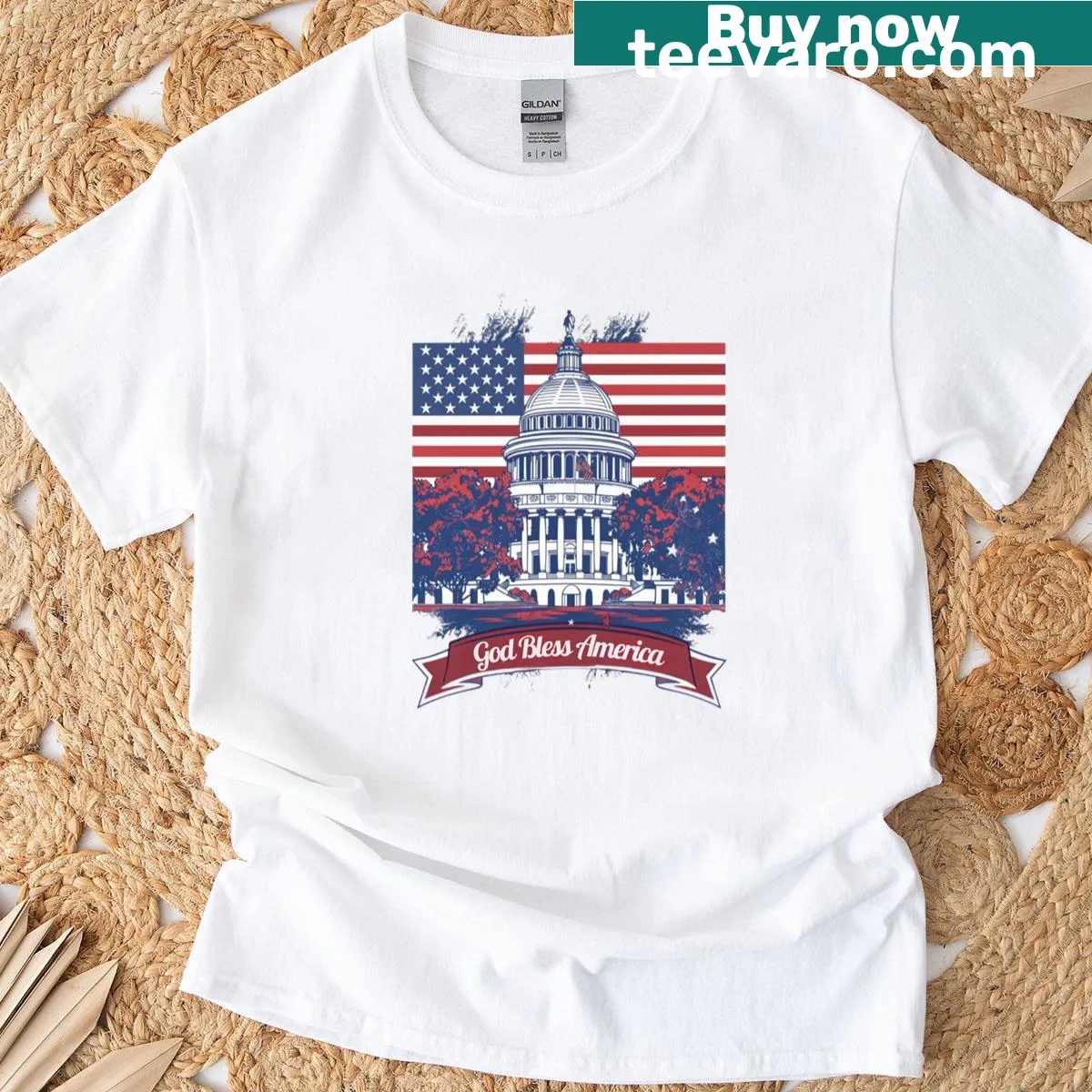 Vintage-style t-shirt with Americana-inspired artwork — on a men's t-shirt