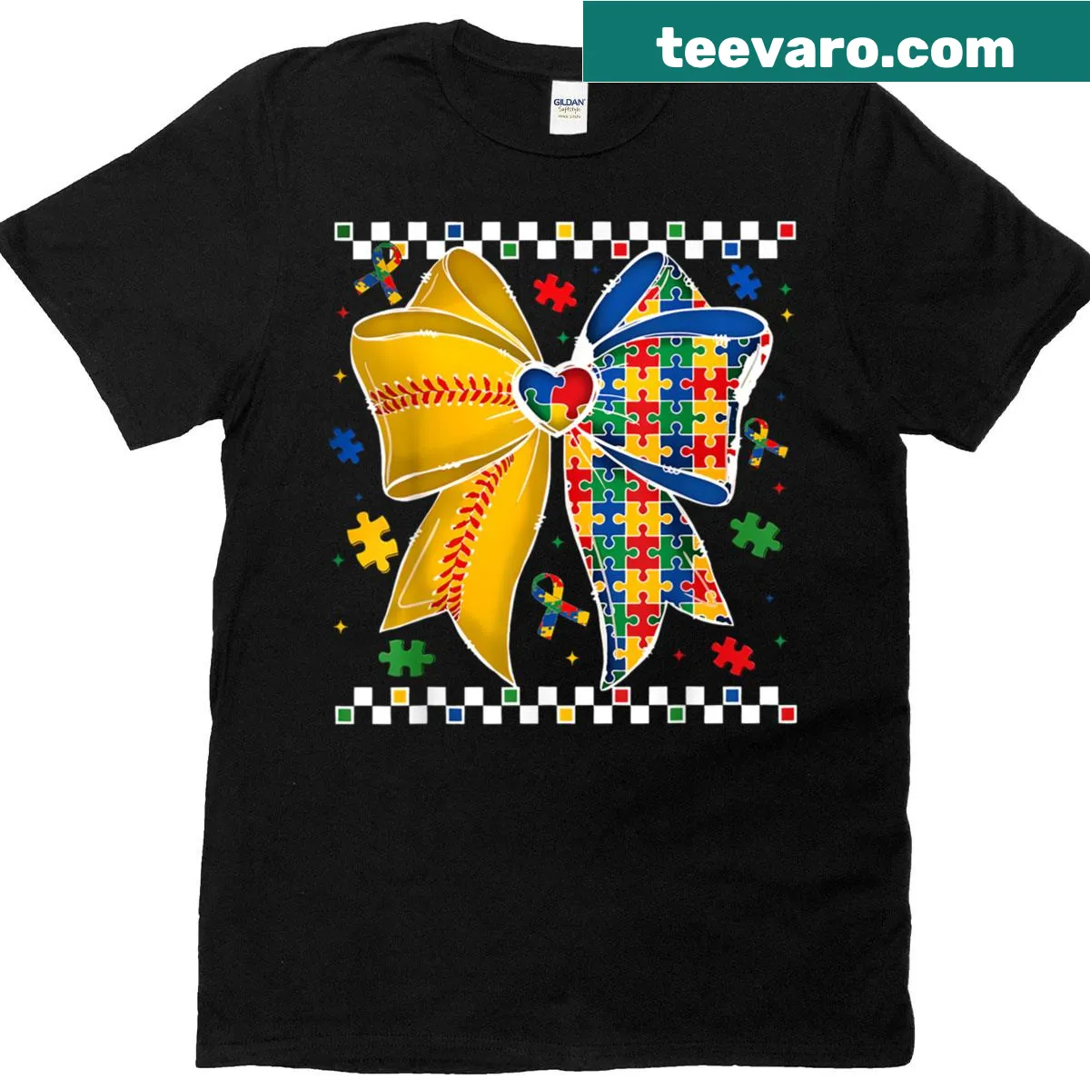 Softball autism awareness T-shirt with coquette bow design — on a men's t-shirt