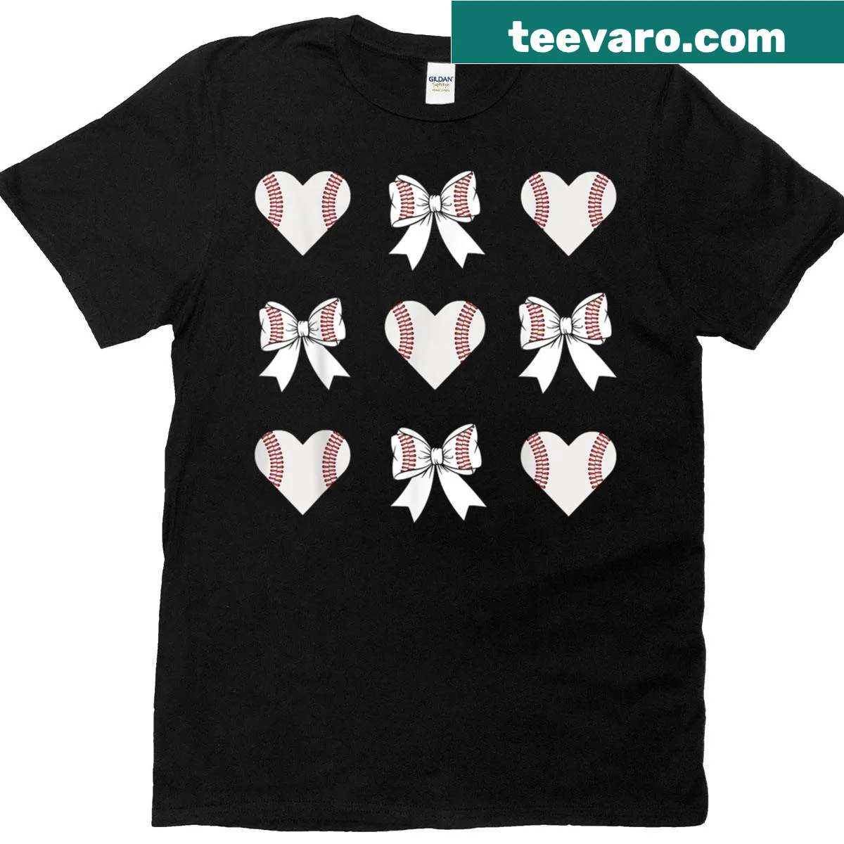 Baseball mom heart graphic T-shirt with bow — on a men's t-shirt