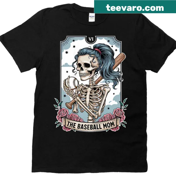 Illustrated t-shirt of a Baseball Mom as a skeleton tarot card