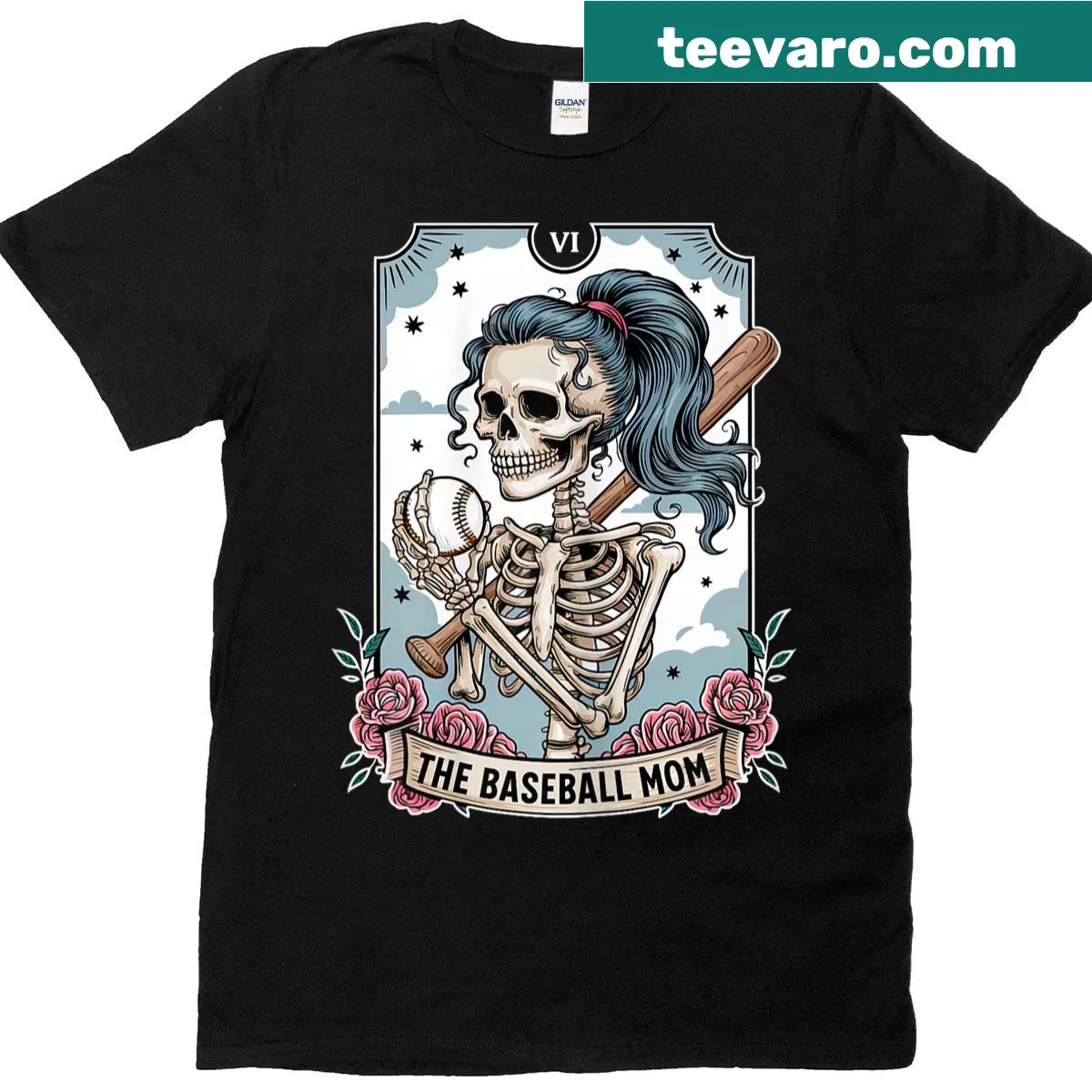 Illustrated t-shirt of a Baseball Mom as a skeleton tarot card — on a men's t-shirt