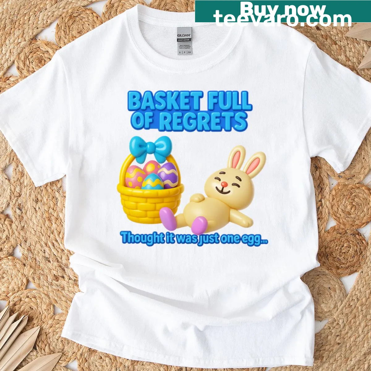 Funny Easter T-shirt with a bunny and 'Basket Full Of Regrets' text — on a men's t-shirt