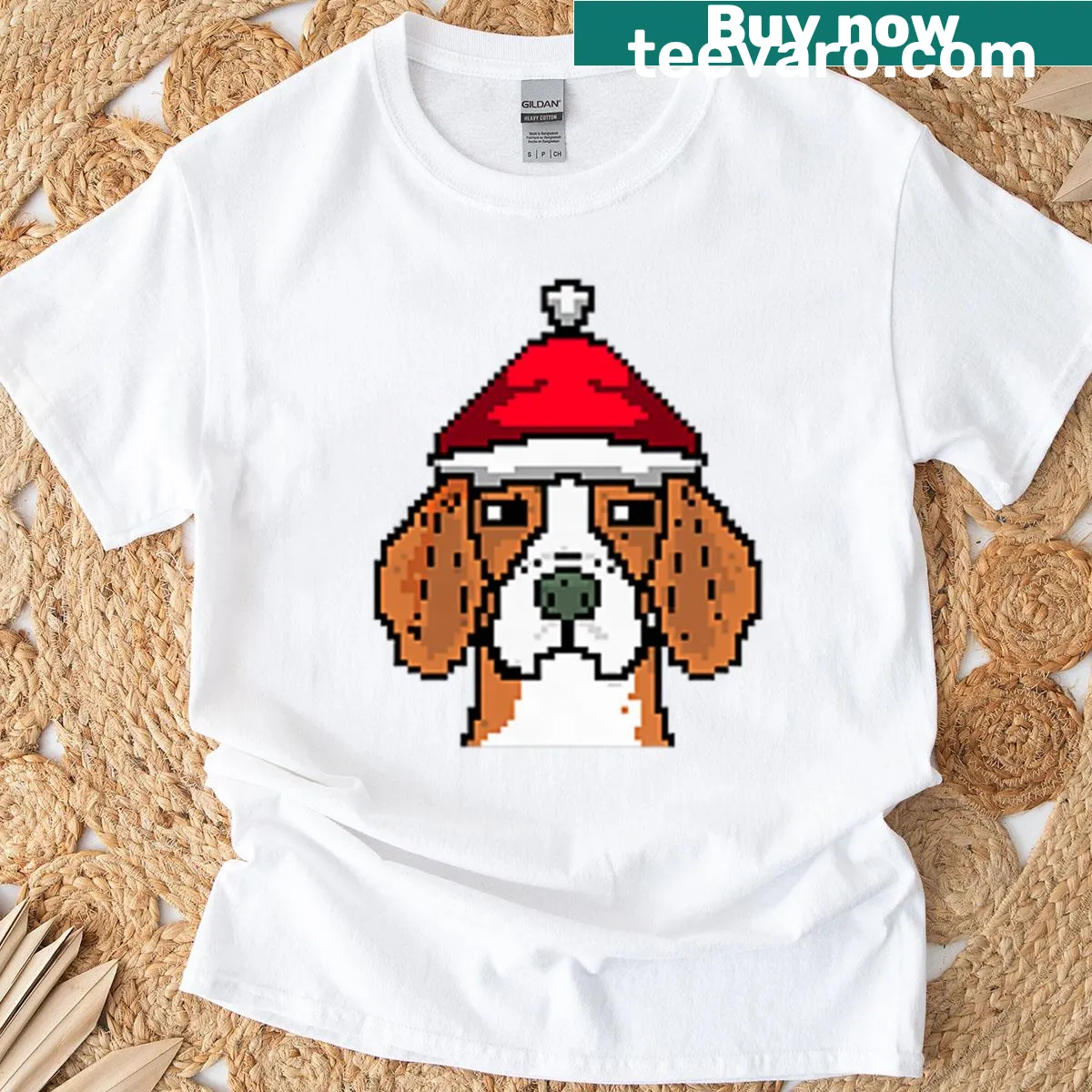 Pixelated beagle design for a funny Christmas T-shirt — on a men's t-shirt