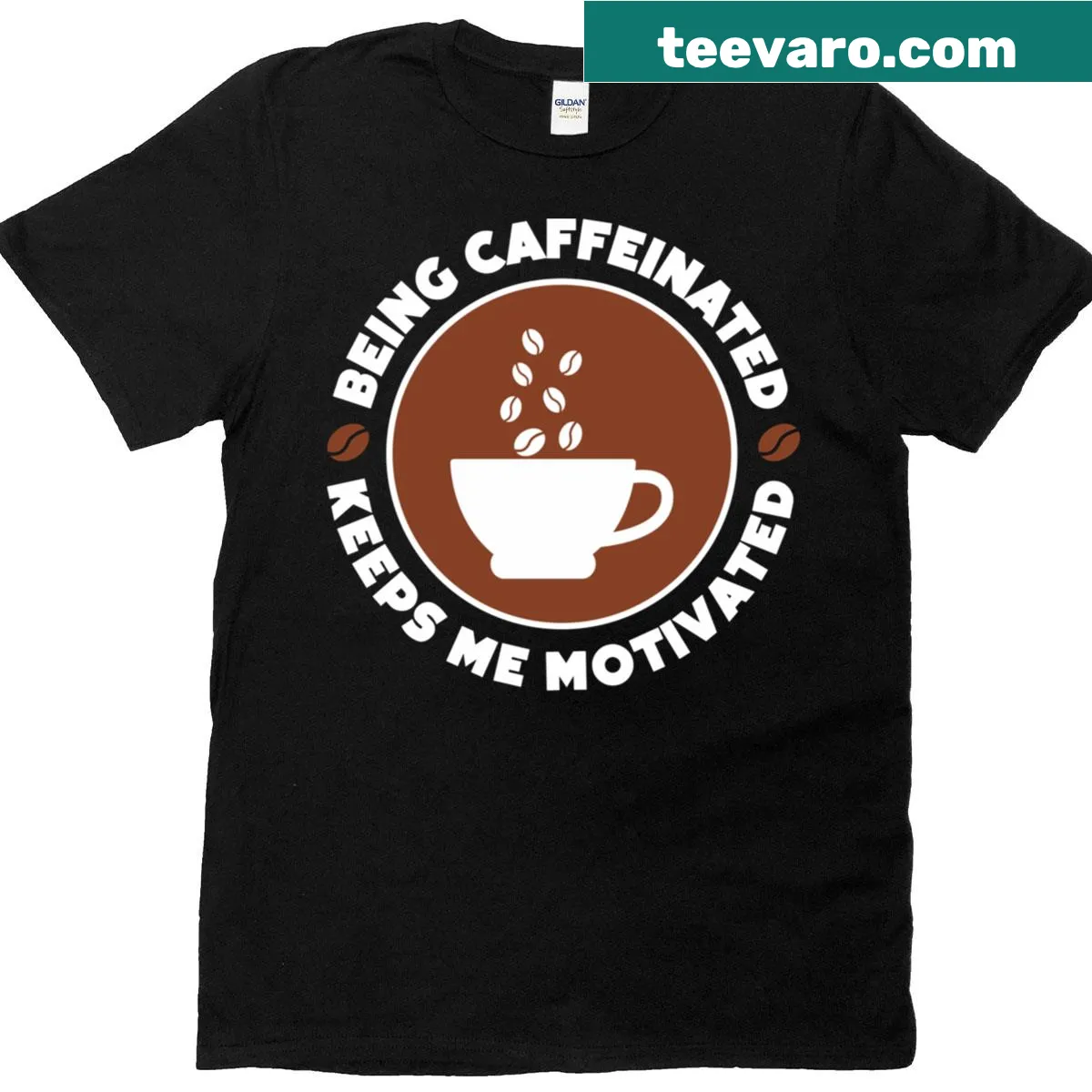 Inspirational t-shirt celebrating the motivating power of caffeine. — on a men's t-shirt