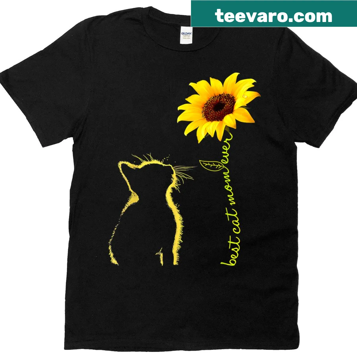 Illustrated sunflower design with text Best Cat Mom Ever for cat lovers — on a men's t-shirt