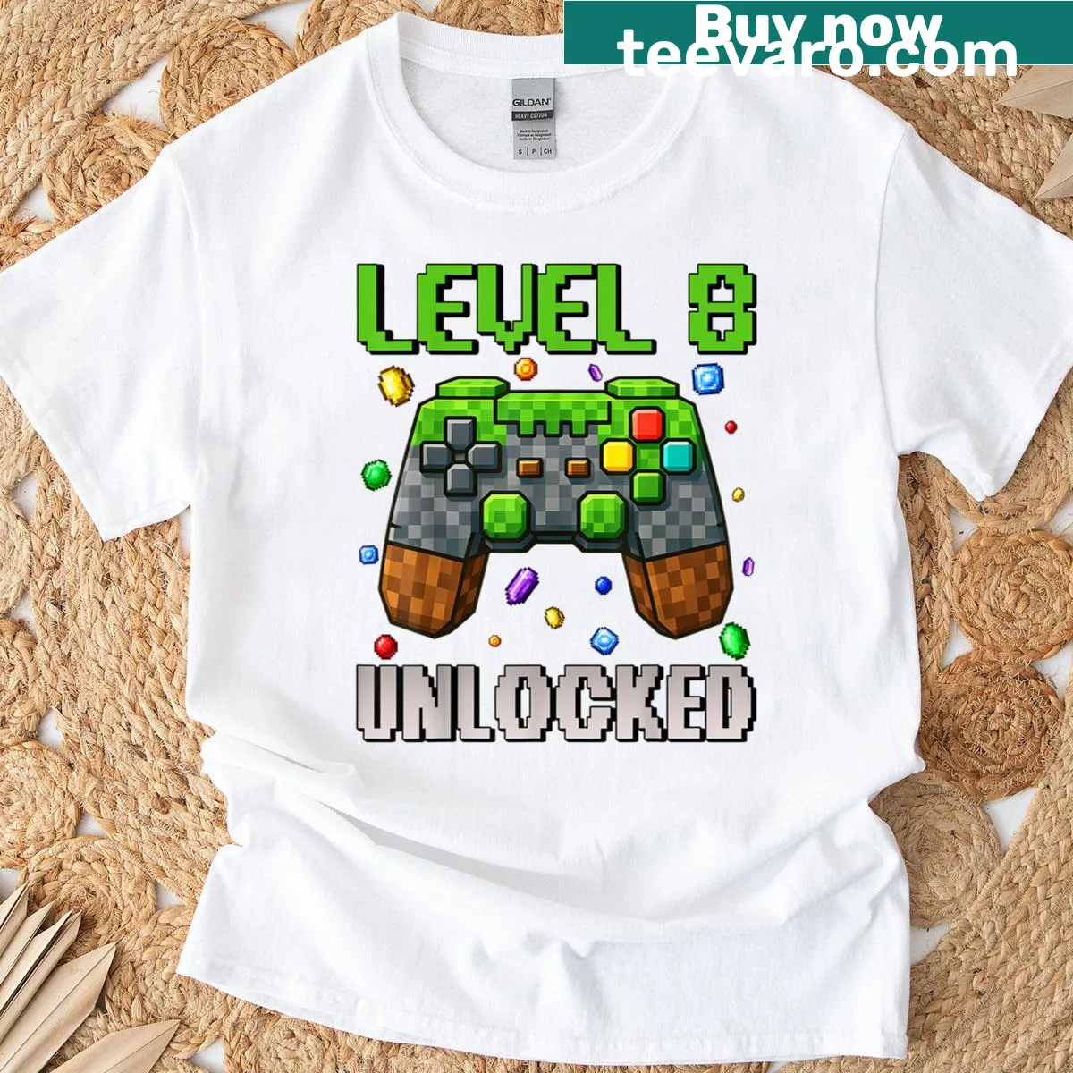 Pixelated birthday t-shirt featuring Level 8 Unlocked — on a men's t-shirt