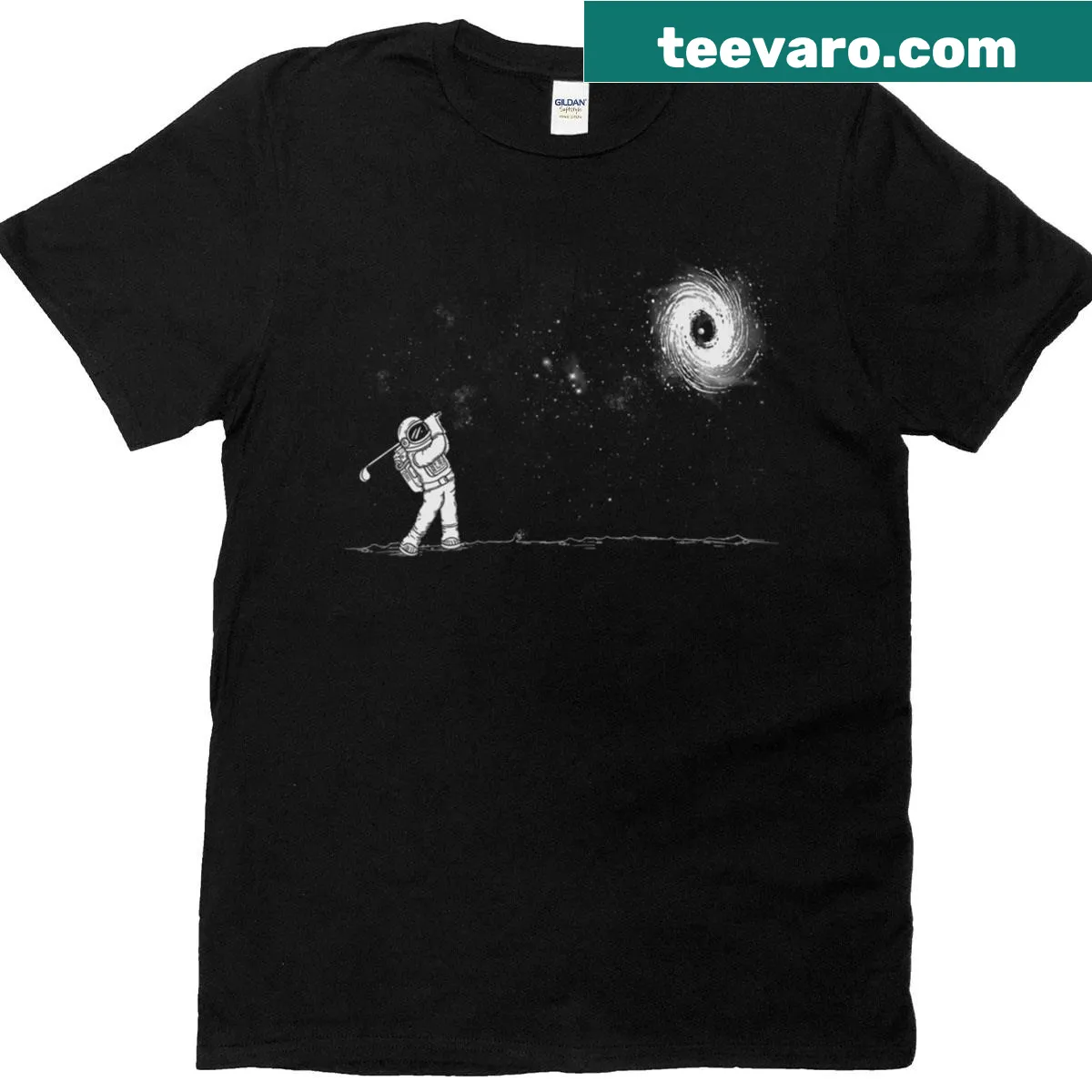 Graphic t-shirt with a golf ball and a black hole illustration — on a men's t-shirt