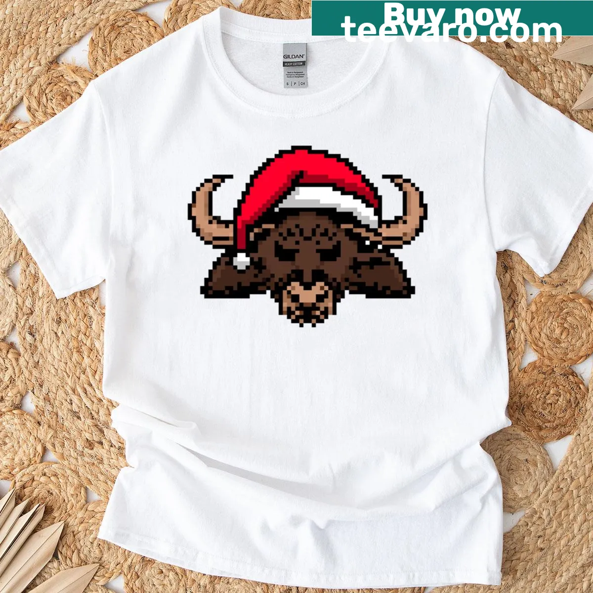 Pixelated buffalo design for a funny Christmas T-shirt — on a men's t-shirt