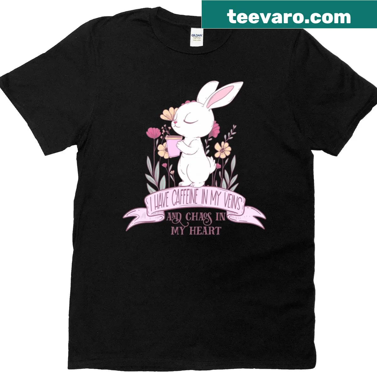 Cute bunny graphic with coffee-themed text — on a men's t-shirt