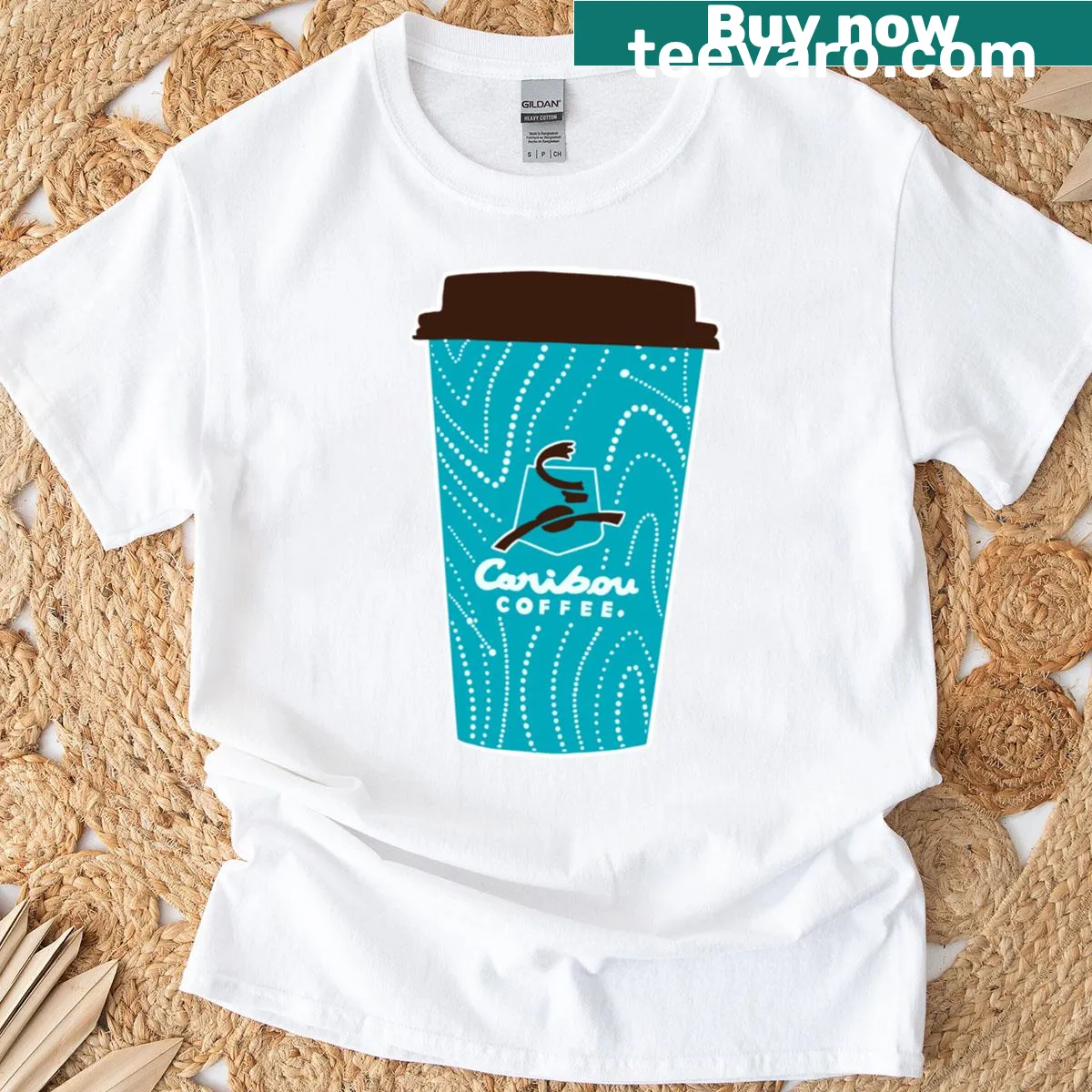 Illustration of a Caribou coffee cup on a t-shirt — on a men's t-shirt