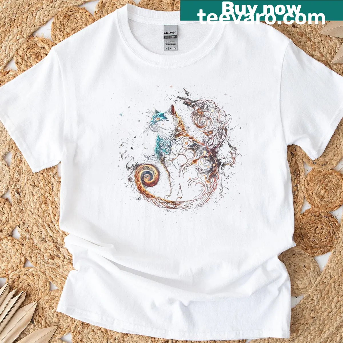 Cartoon cat head surrounded by stars and planets on a t-shirt — on a men's t-shirt