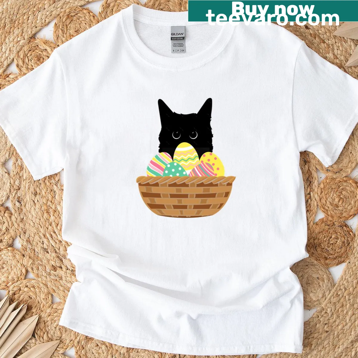 Cute T-shirt with a cat and decorated Easter eggs design — on a men's t-shirt