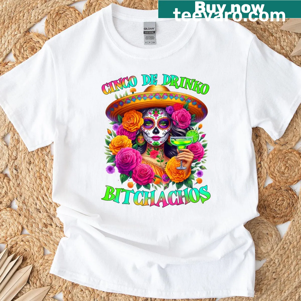 Cinco De Drinko Bitchachos T-shirt with humorous text for Cinco de Mayo — on a men's t-shirt