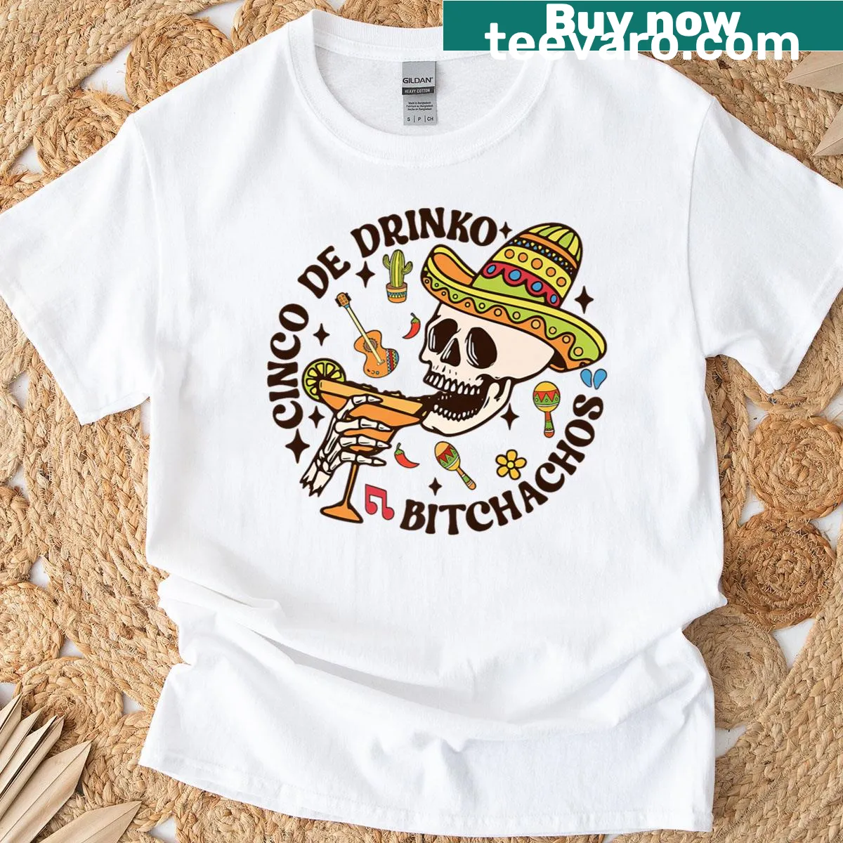 Funny Cinco De Drinko Bitchachos graphic T-shirt — on a men's t-shirt