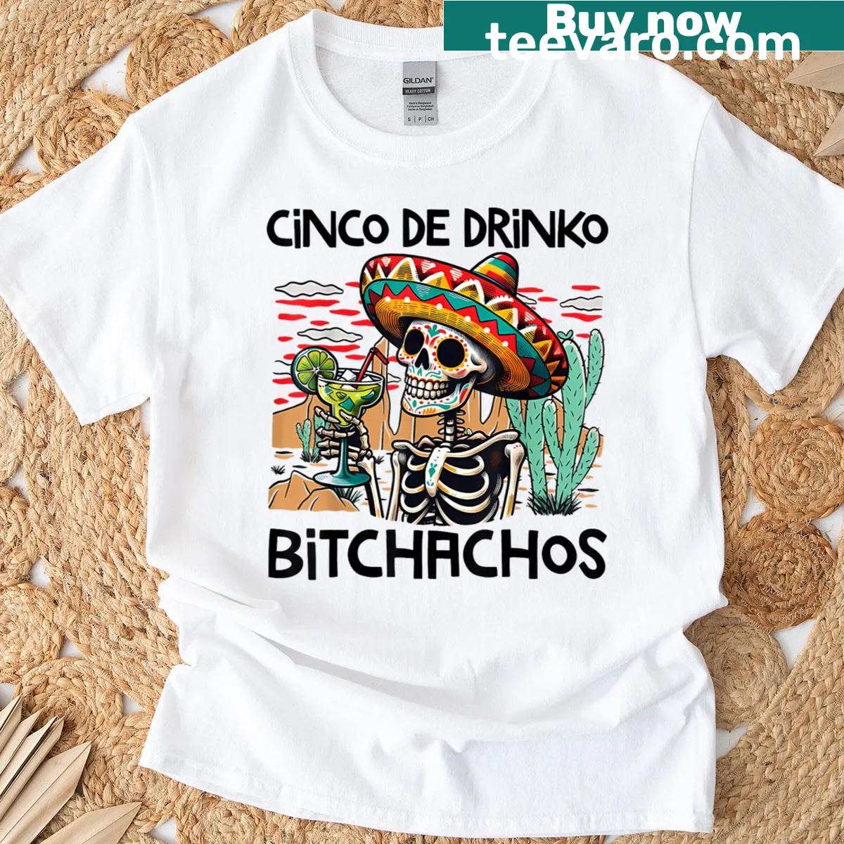 Skull illustration Cinco De Drinko Bitchachos T-shirt — on a men's t-shirt