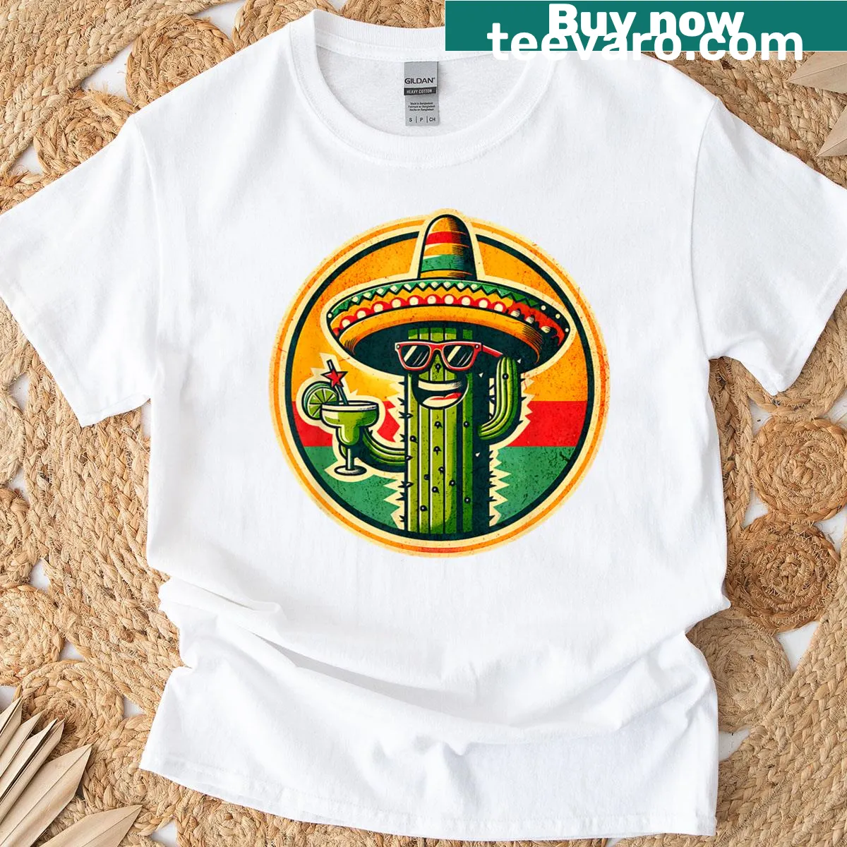 Cartoon t-shirt featuring a funny cactus with a margarita for Cinco de Mayo — on a men's t-shirt