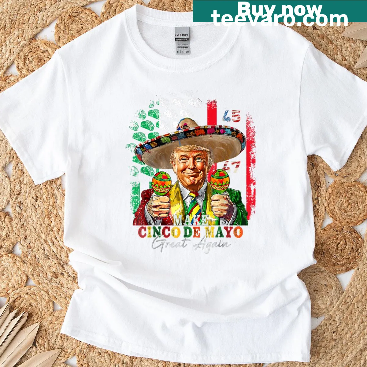 Cinco De Mayo satirical T-shirt inspired by a political slogan. — on a men's t-shirt