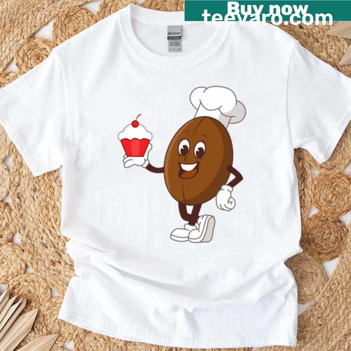 Illustrated Coffee Bean Chef T-shirt with whimsical design — on a men's t-shirt