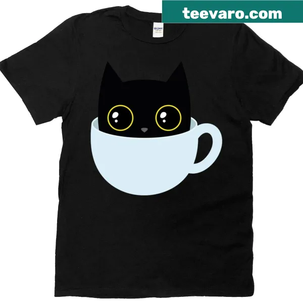Cute cat enjoying coffee on a charming t-shirt design.