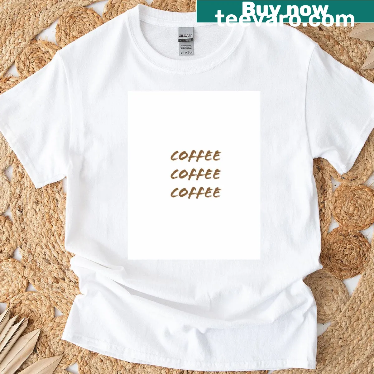 T-shirt featuring brown text that reads 'Coffee Coffee Coffee' on a white background. — on a men's t-shirt