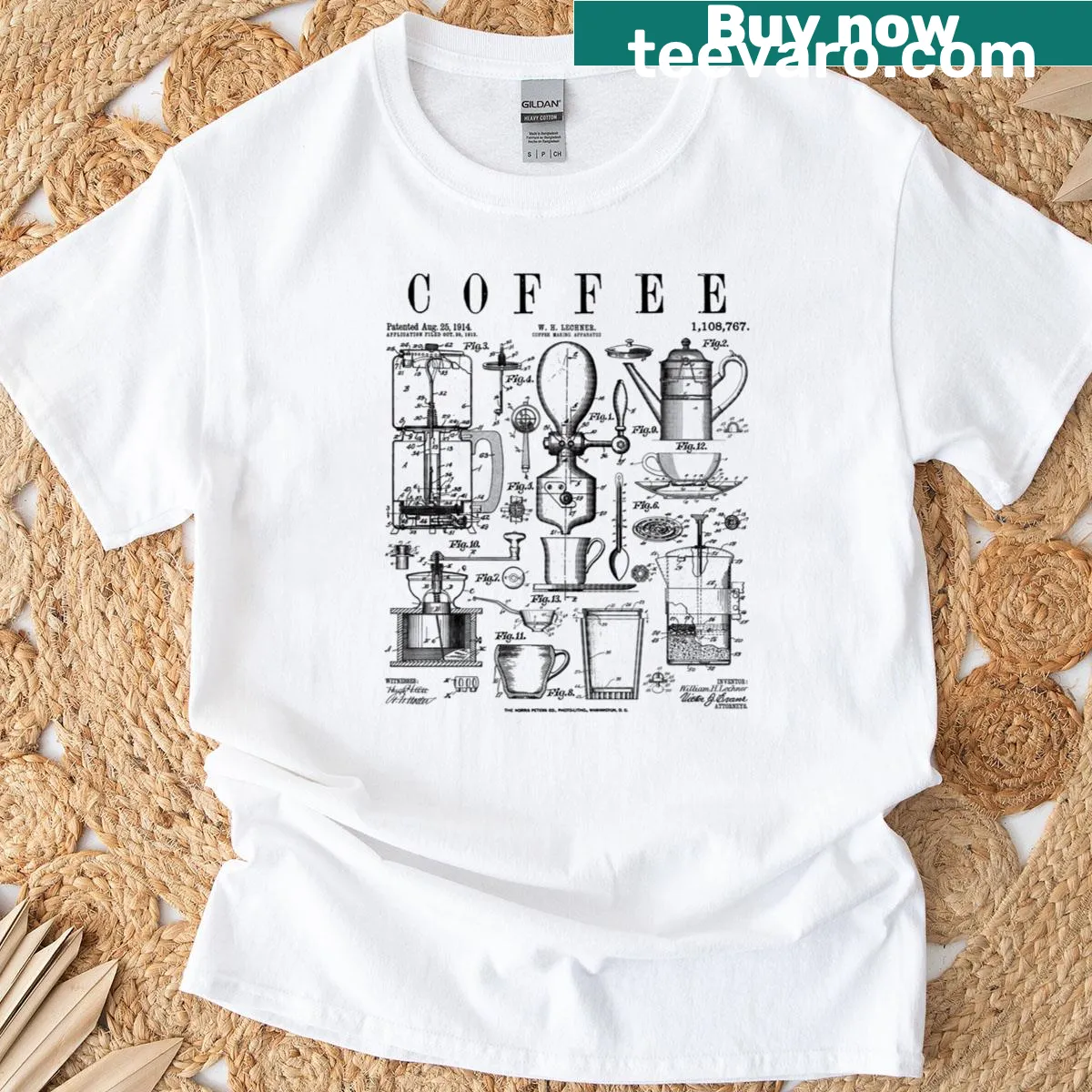 Vintage patent print T-shirt featuring coffee-making devices and text. — on a men's t-shirt
