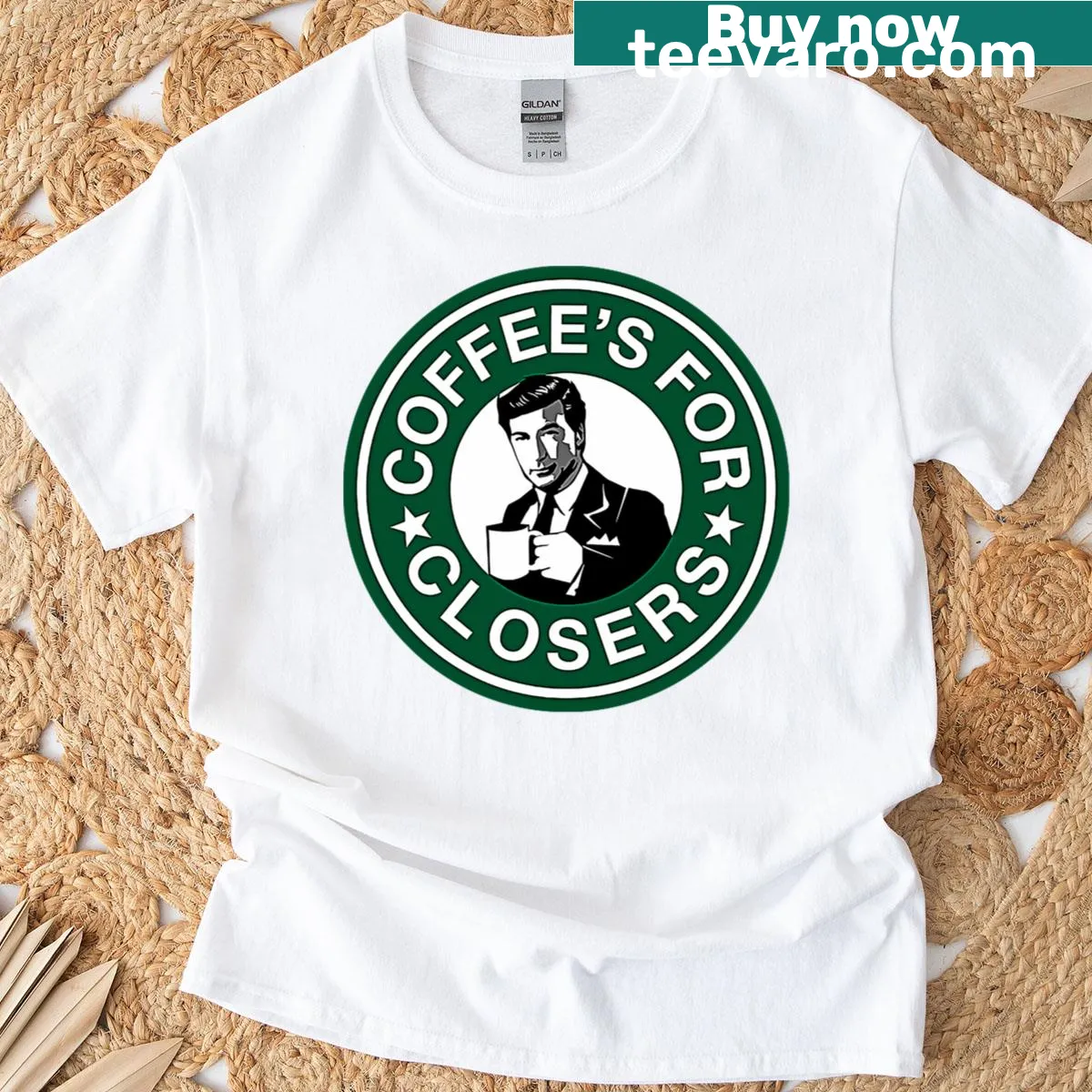 T-shirt with the bold slogan 'Coffees For Closers'. — on a men's t-shirt