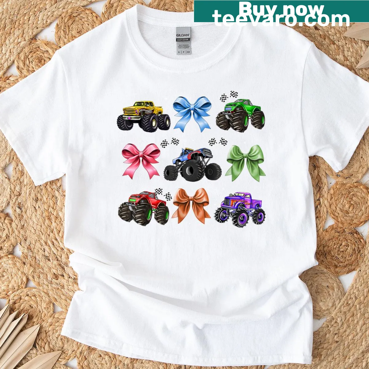 Playful monster truck T-shirt with a bow for moms — on a men's t-shirt