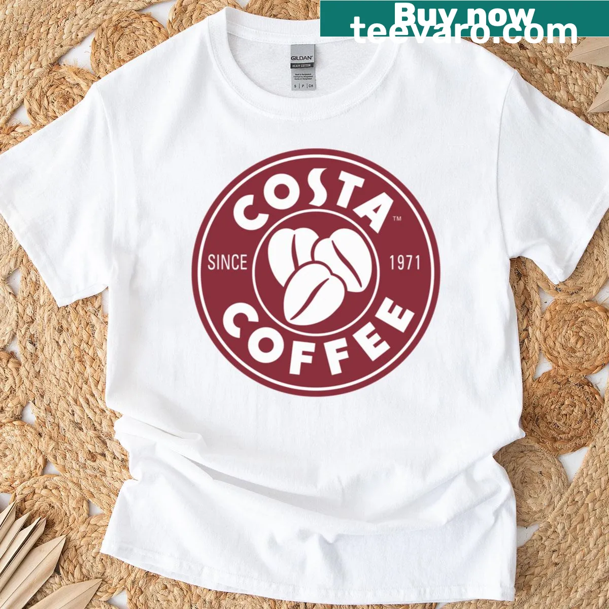 Costa Coffee T-shirt featuring coffee-themed illustration — on a men's t-shirt