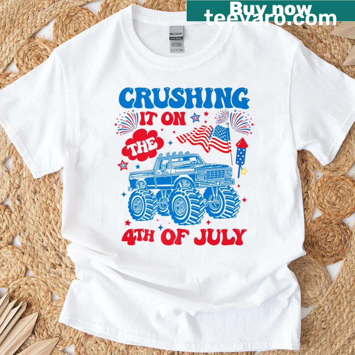 Kids T-shirt with a monster truck crushing the USA flag — on a men's t-shirt