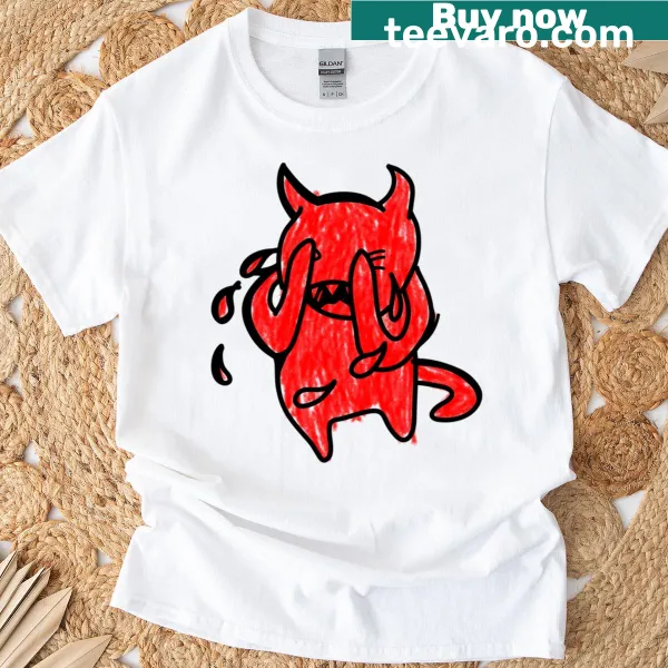 Cartoon crying devil graphic on a t-shirt