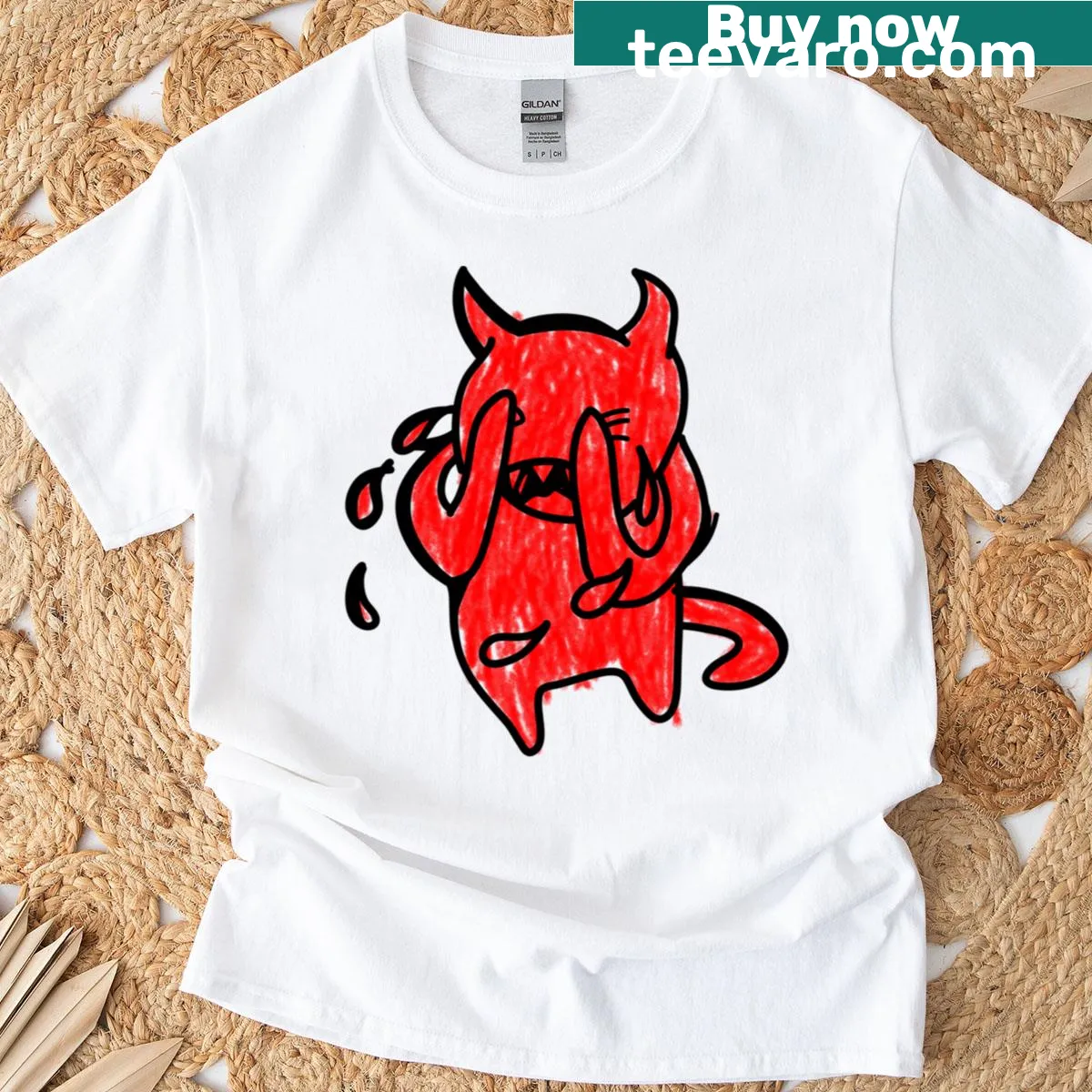 Cartoon crying devil graphic on a t-shirt — on a men's t-shirt