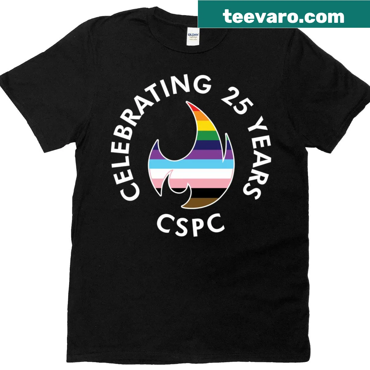 25th Anniversary oversized t-shirt with rainbow stack and flame design — on a men's t-shirt