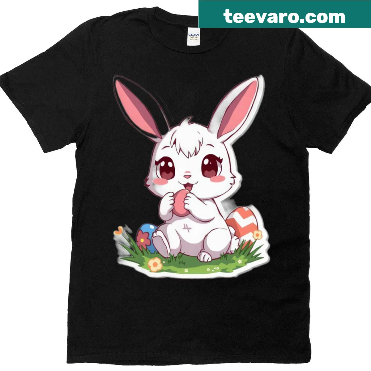 Cute anime bunny with eggs graphic on Easter t-shirt — on a men's t-shirt