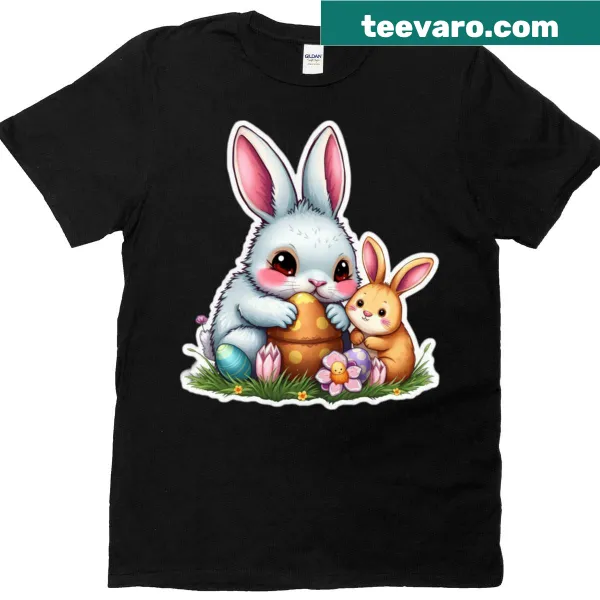 Cute bunnies with colored eggs graphic on Easter t-shirt