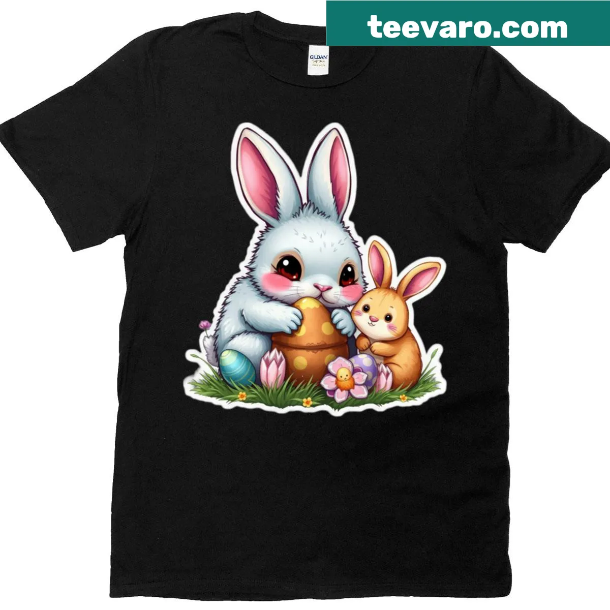 Cute bunnies with colored eggs graphic on Easter t-shirt — on a men's t-shirt