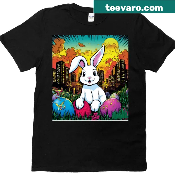 Easter bunny with colored eggs in a city illustration.