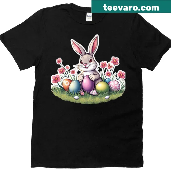 Cute Easter bunny with flowers and eggs graphic on t-shirt