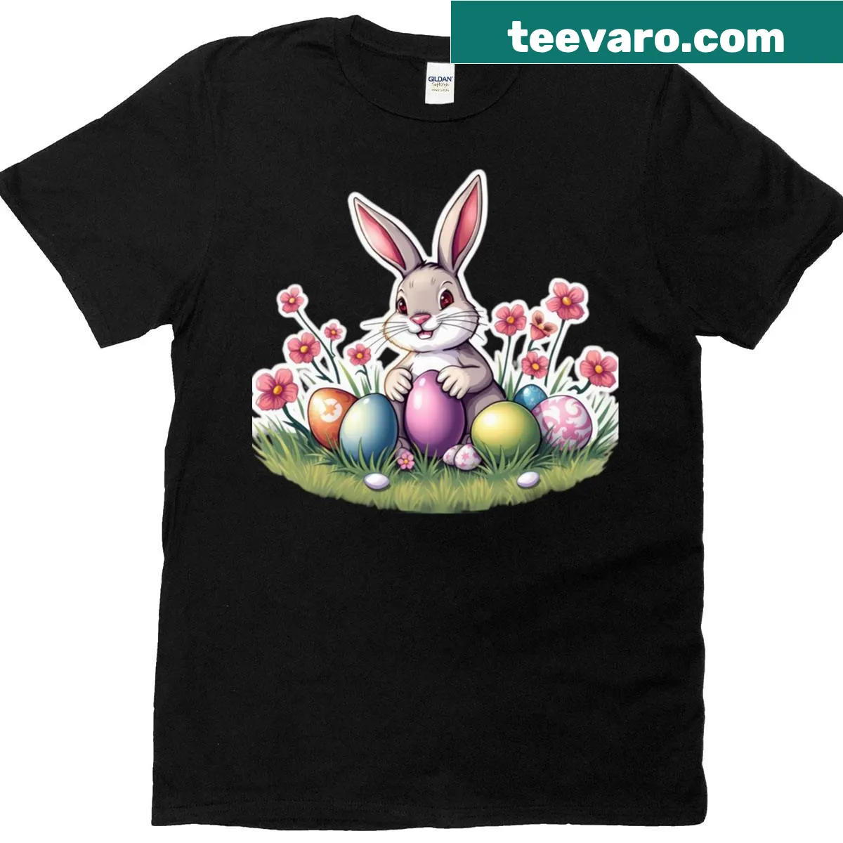 Cute Easter bunny with flowers and eggs graphic on t-shirt — on a men's t-shirt
