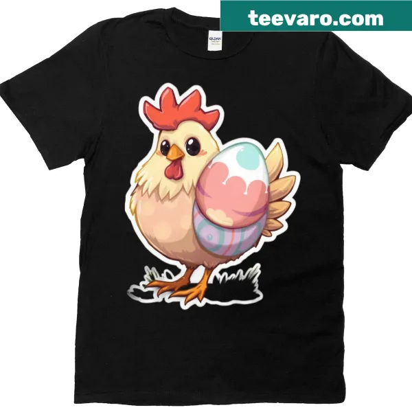 T-shirt featuring a cute chicken with an egg for Easter.