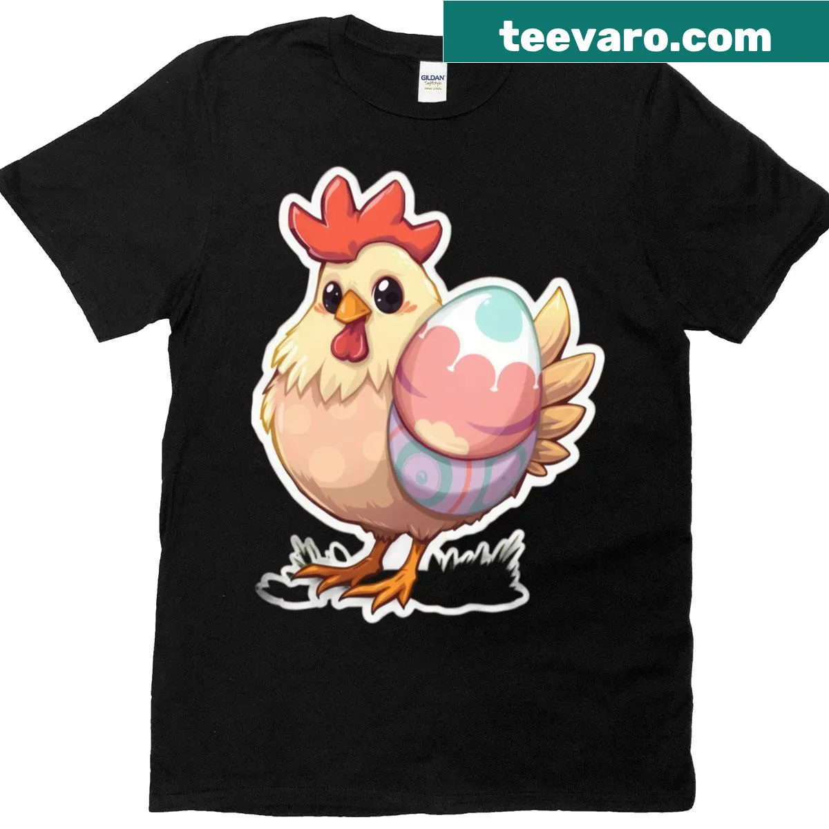 T-shirt featuring a cute chicken with an egg for Easter. — on a men's t-shirt