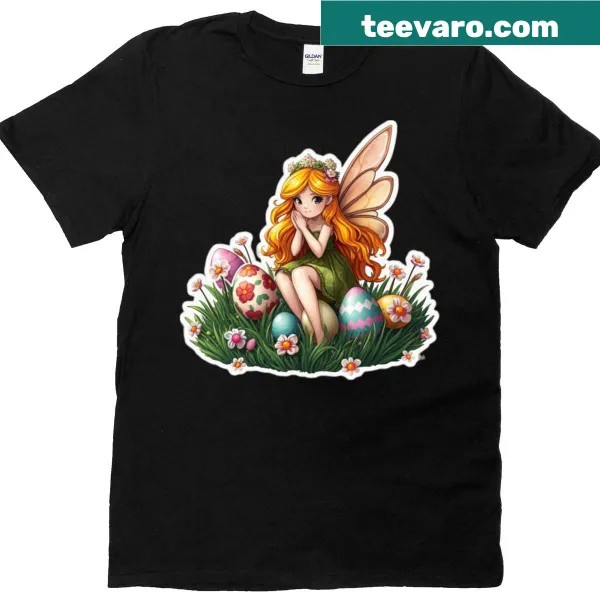Cute Easter fairy with colored eggs graphic on t-shirt