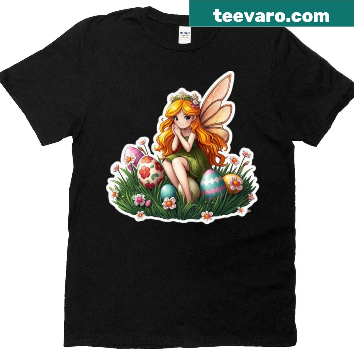Cute Easter fairy with colored eggs graphic on t-shirt — on a men's t-shirt