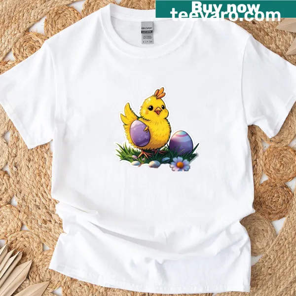 Cute Easter Chicken t-shirt with colorful eggs and a cheerful chick