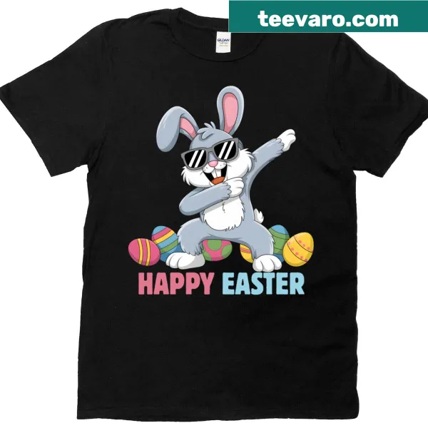 Dabbing cartoon bunny graphic on Easter-themed t-shirt